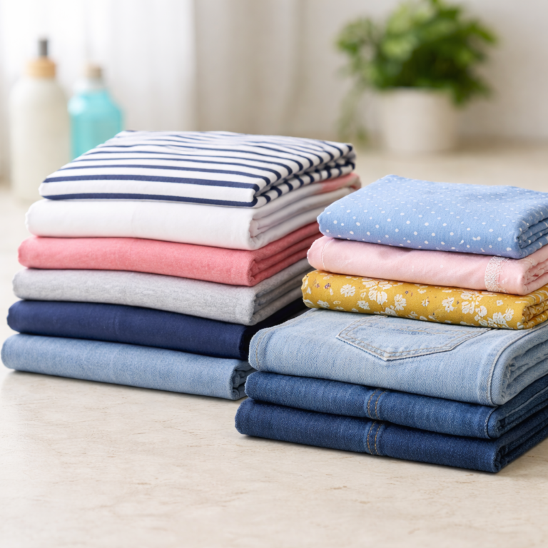 Neatly folded T-shirts, jeans, and dresses stacked together as part of a professional laundry service in Phoenix AZ