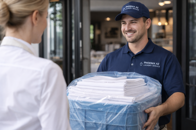 Phoenix AZ Laundry Service delivering clean tablecloths and commercial linens to a local business