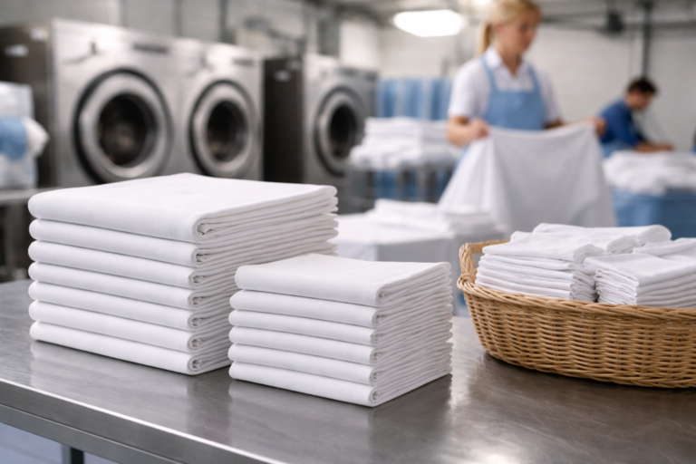 Neatly folded commercial tablecloths and event linens prepared for pickup and delivery in Phoenix AZ