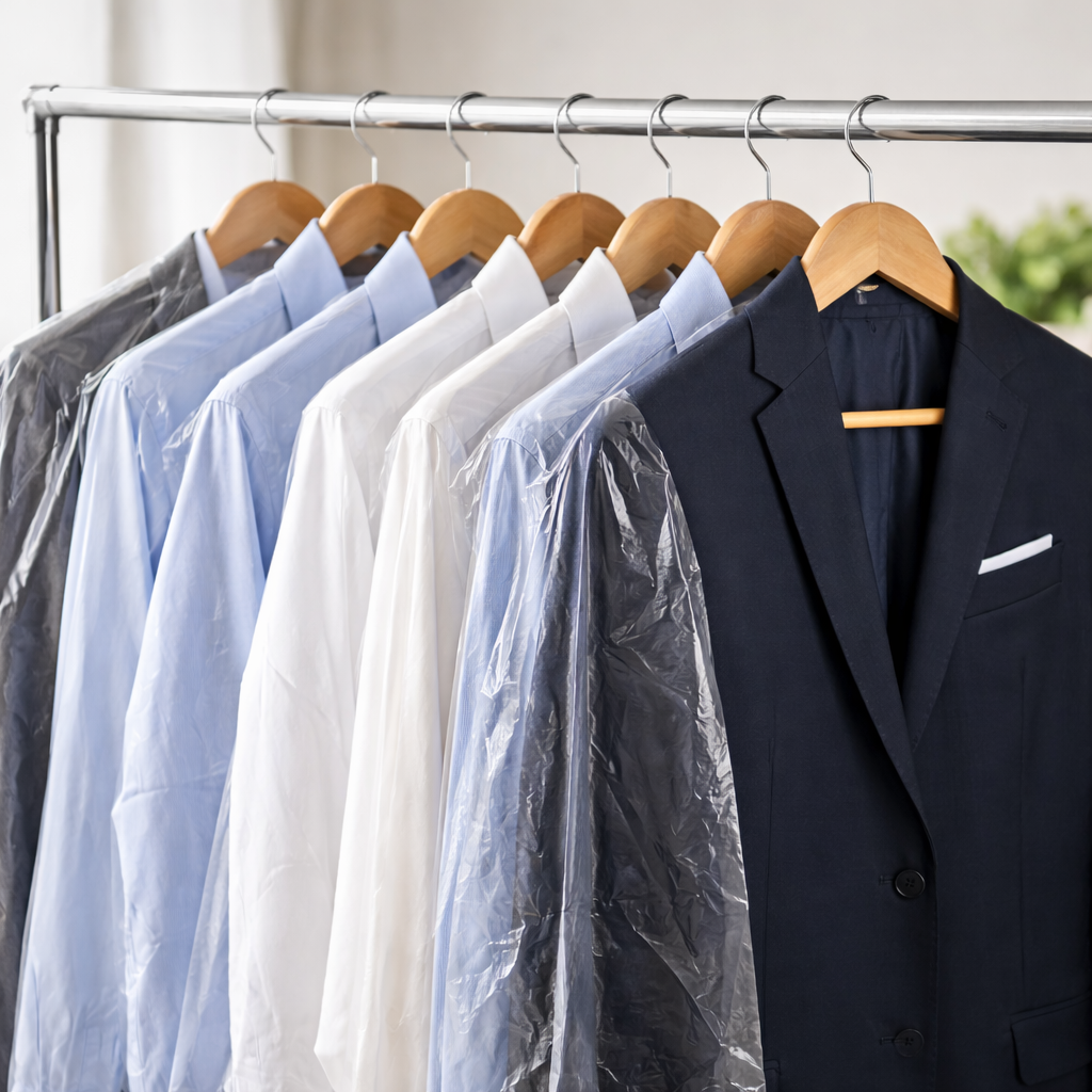 Freshly dry-cleaned shirts and a suit jacket hanging neatly on a rack for professional dry cleaning service in Phoenix AZ