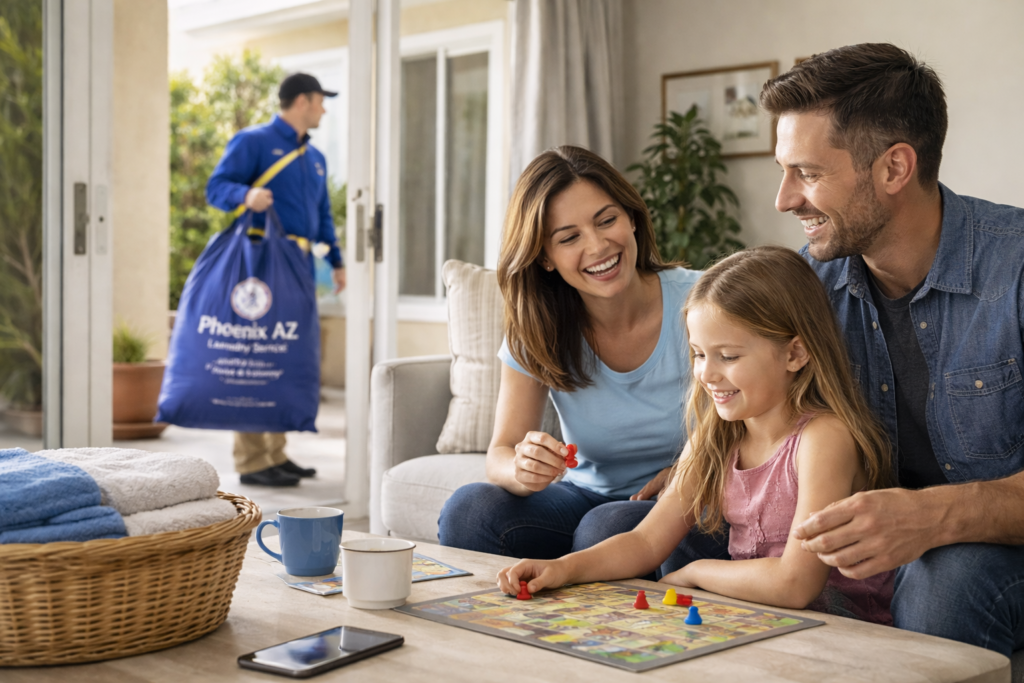 Family relaxing at home while laundry pickup and delivery service handles their laundry in Phoenix, AZ