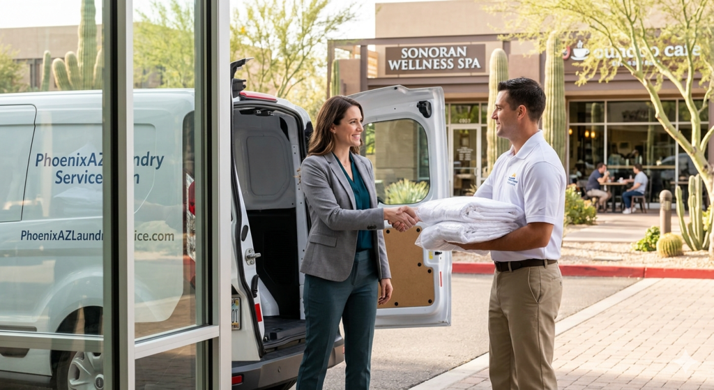A professional Phoenix business owner greeting a customer while a laundry delivery driver brings in a stack of clean, wrapped commercial linens in the background.